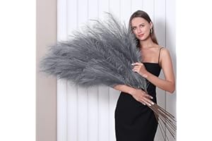 WERTUIRK 8 Pcs 45 inch Tall Faux Pampas Grass Decor, Large Artificial Grey Pompous Grass Bulk, Long Fake Pompas for Floor Vase Filler, Wedding, Baby Shower, Home and Boho Decor (Grey)
