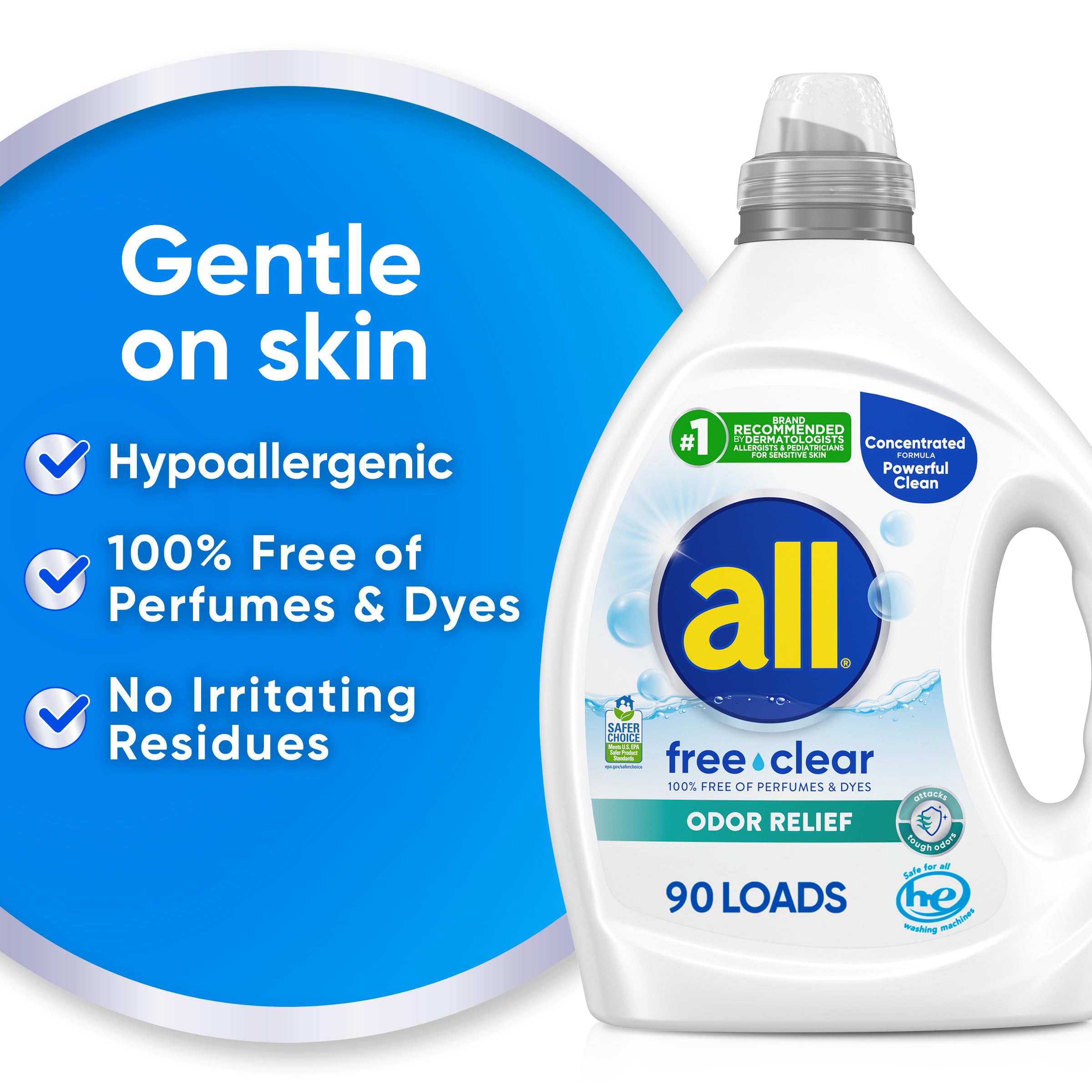 all Laundry Detergent Liquid, Free Clear for Sensitive Skin, Odor Relief, Unscented and Hypoallergenic, 2X Concentrated, 90 Loads