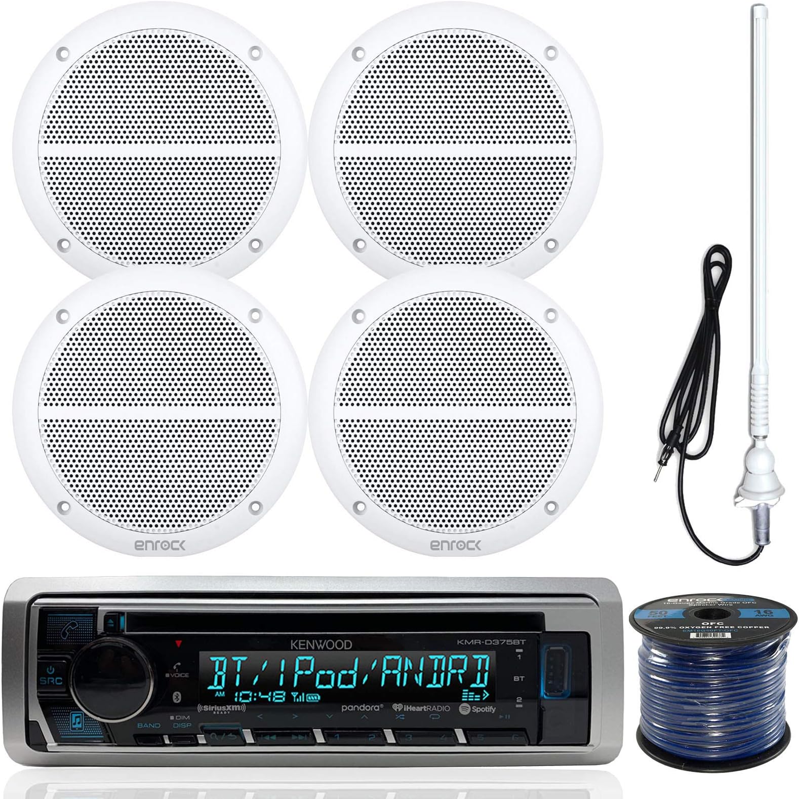 Kenwood Enrock KMR-D365BT Stereo with Marine Waterproof Speakers, 50-Feet Wire and Antenna (White)