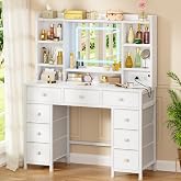 Vanity Desk with Smart LED Mirror, Makeup Table with Fabric 9 Drawers，White | LED Adjustable Brightness，with Power Outlet for Bedroom，for Girls/Kids Gifts