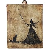 Vintage Witch and Cat Throw Blanket for Girls Boys Kids Adults, 50x60 in, Cozy Flannel Blanket for Bedroom, Camping, Couch, Room Decor, Fuzzy Warm Soft Gifts