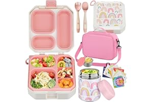 wiwens Bento Lunch Box for Kids with 12oz Soup Thermo Leak-Proof Lunch Food Container with 5 Compartment Thermo Hot Food Jar and Insulated Lunch Bag for Kid Toddler Girls Boys to School