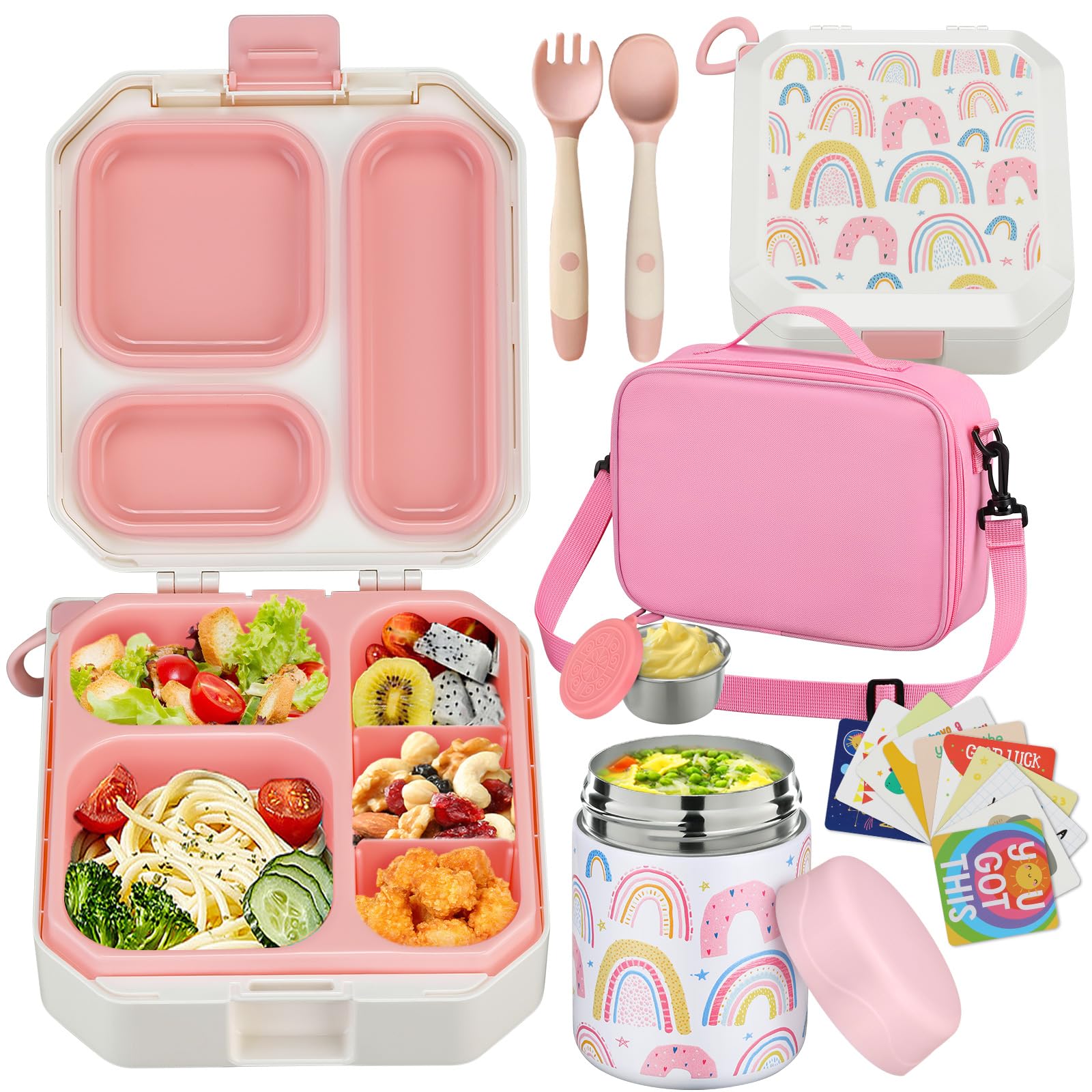 Photo 1 of wiwens Bento Lunch Box for Kids with 12oz Soup Thermo Leak-Proof Lunch Food Container with 5 Compartment Thermo Hot Food Jar and Insulated Lunch Bag for Kid Toddler Girls Boys to School