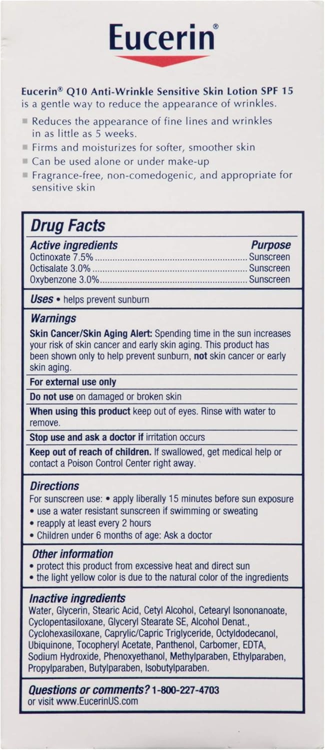 Eucerin Q10 Anti-Wrinkle Face Lotion with SPF 15 - Fragrance-Free, Moisturizes for Softer Smoother Skin - 4 fl. oz Bottle: Health & Personal Care