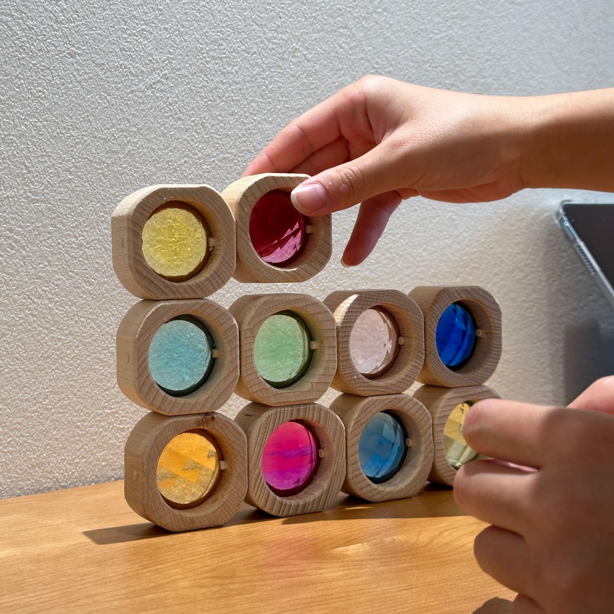 Photo 1 of KOAICS 20PCS Wooden Gem Blocks Stacking Toys,Colorful Acrylic Windows Blocks, Rainbow Crystal Acrylic Building Cubes Educational Sensory Training Crystal Toys (20PCS Round Gem Blocks)
