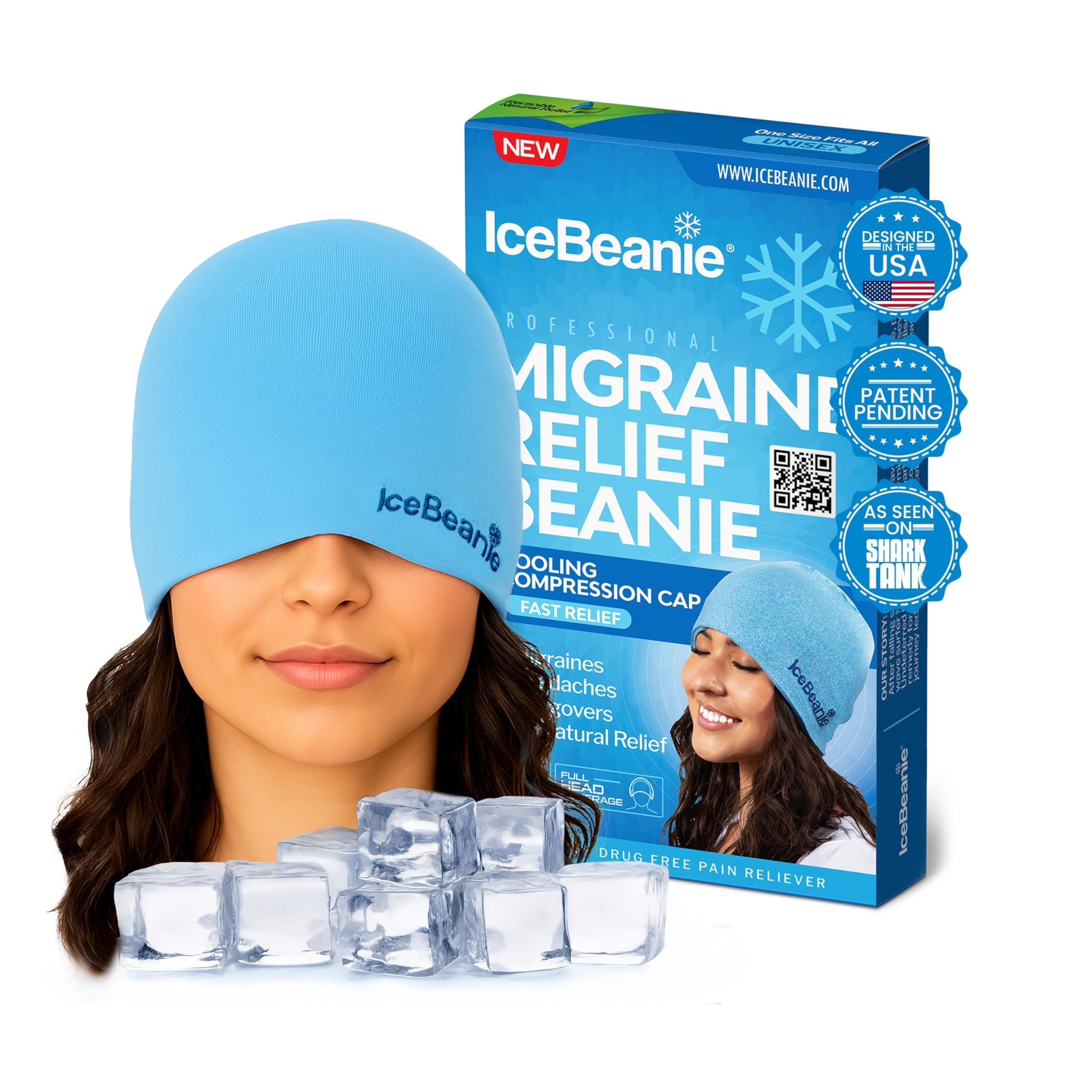 IceBeanie Migraine Relief Cap, As Seen on Shark Tank, Soft & Stretchy Gel Tension Headache Relief Cap, Extended Cooling Hangover Ice Hat, Odorless Head Wrap Ice Pack Wrap, Headache Migraine Mask