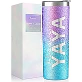 Onebttl Yaya Gifts for Grandma's Mother's Day, 20oz Purple & Blue Glitter Skinny Tumbler, Straw & Lid Included, Christian Gifts for Blessed Yaya