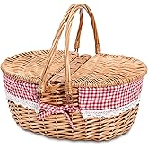 Wicker Picnic Basket with Removable Liner Empty Picnic Baskets with Lid for 2, Picnic Hamper with Foldable Handles for Picnic 2,Checkered