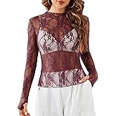 Avidlove Women's Mesh Top Long Sleeve Mock Neck Sheer Blouse See Through Floral Lace Tops
