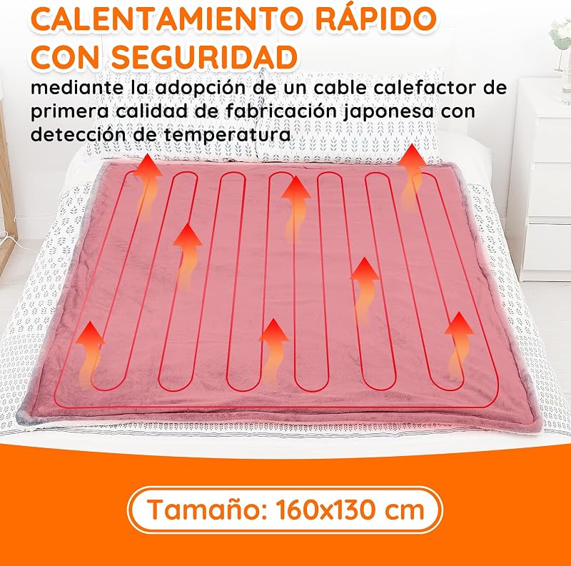 Grande cama de cobertor térmico elétrico 160x130cm, 10 níveis de calor e 1 ~ 9 horas de temporizador de desligamento automático e display digital, lavável na máquina, sherpa de flanela