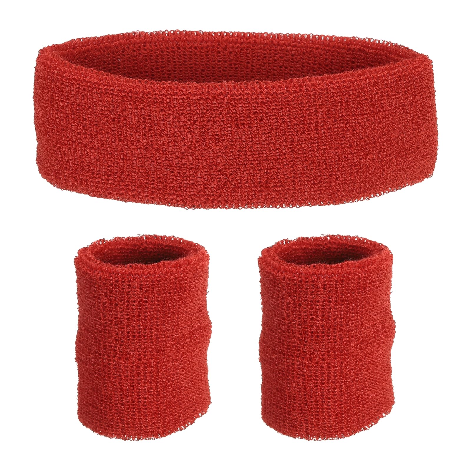 PATIKIL Sports Wristbands Headband Set, 8x8cm Cotton Terry Cloth Athletic Absorbent Sweatband 20x5cm Headband for Tennis Basketball Running, Red (1 Headband & 2 Wristbands)