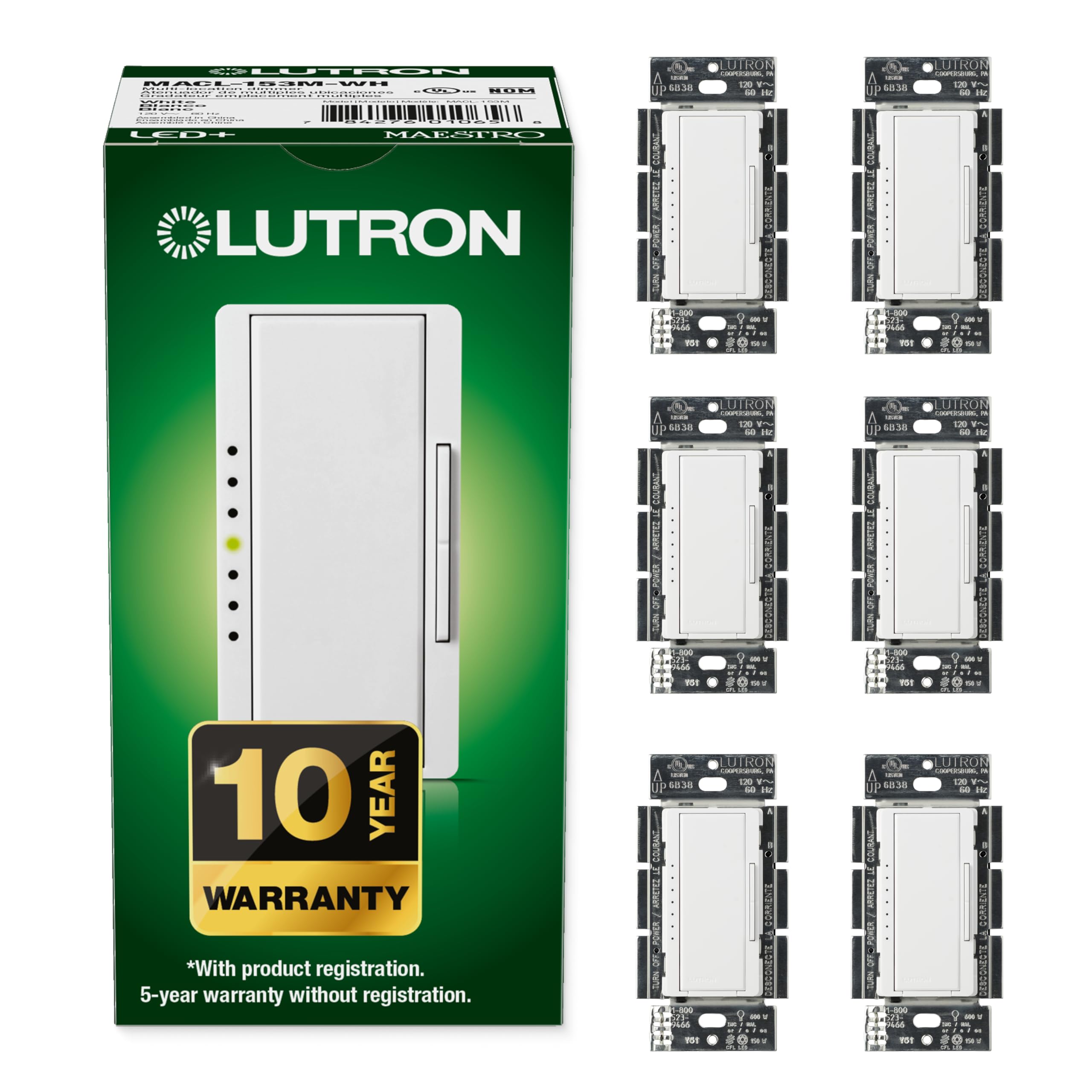 Photo 1 of Lutron Maestro LED+ Dimmer Switch for Dimmable LED, Halogen and Incandescent Bulbs, 150W/Single-Pole or Multi-Location, MACL-153M-WH, White (6-Pack)