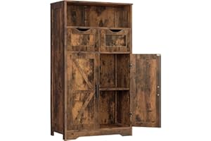 FIONESO Storage Cabinet with Adjustable Shelf & 2 Adjustable Drawers, Pantry Cabinet with Barn Doors, Kitchen Cabinet, Cupboard for Living Room, Entryway, Home Office, Rustic Brown