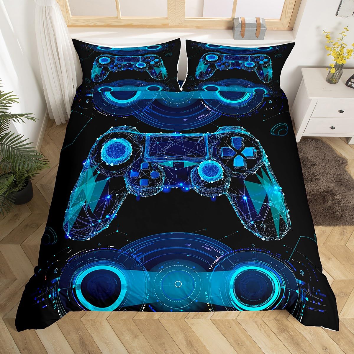 Homewish Gamer Comforter Cover Gaming Bedding Set,Video Games Duvet Cover Sets For Children Boys Girls,Gamepad Design Quilt Cover Youth Man Bedroom Decor,Single Size,Black Blue