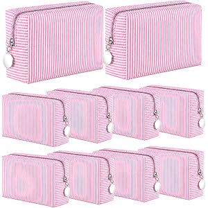 8 Pcs Seersucker Cosmetic Bags Bulk Women Striped Makeup Bags Preppy Storage Pouch Aesthetic Cute Portable Travel Toiletry Or