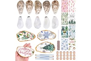 APUDWN 16 Set Oyster Shells for Crafts 4-5 Inch Christmas Pre-Drilled Oyster Shells Crafts Kits with Decoupage Paper Napkin Glue Paint Twine and Brushes for Xmas Decor DIY Arts Seashells Ornaments