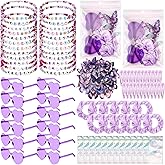 Quelay 134 Pcs Kpop Disco Party Favors Popular Singer Party Friendship Gift Set Birthday Bracelets Sunglasses Satin Scrunchie Clips Stickers Bags for 80s Y2k Fans Women(Heart,Purple)