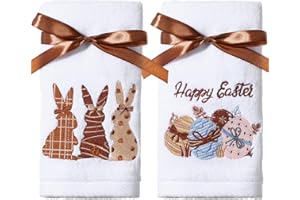 Remagr 2 Pack Easter Bathroom Hand Towels Cotton Embroidered 13.7'' x 29.5'' Easter Bunny Hand Towel with Ribbon Decorative Happy Easter Egg Dish Tea Towels Set for Drying Cleaning(Farmhouse)