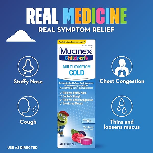 MUCINEX CHILDREN’S MULTI-SYMPTOM COLD MEDICINE, KIDS COUGH MEDICINE, MUCINEX KIDS MEDICINE/DECONGESTANT WITH DEXTROMETHORPHAN HBR, GUAIFENESIN, PHENYLEPHRINE HCL, VERY BERRY FLAVOR LIQUID, 4 FL OZ