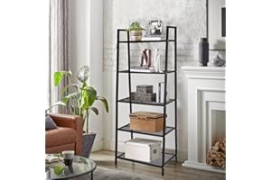 AESRAOU Ladder Shelf, 5 Tier Black Metal Bookshelves, Free Standing Bookcase Storage Rack Shelves Plant Flower Stand for Living Room, Bedroom, Kitchen, Bathroom, Home Office, Balcony