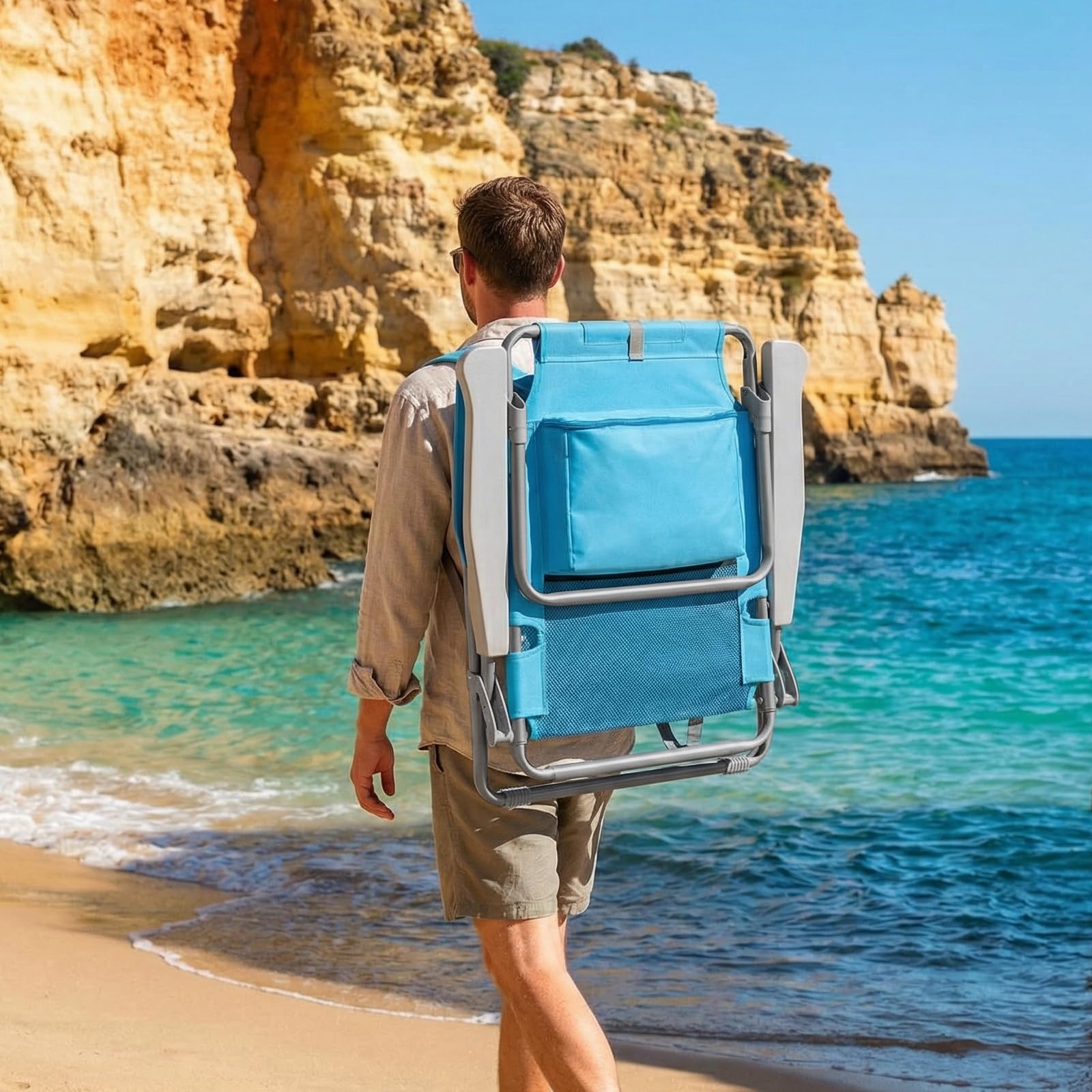 LIFERUN Strandstuhl Klappbar Leicht 2er Set, Rucksack Klappstuhl Strand, Campingstuhl Kann Flach Liegen,bis 150 kg belastbar, Outdoor Faltstuhl mit Verstellbarer Hohe Rückenlehne, Eisbeutel,Blau 4