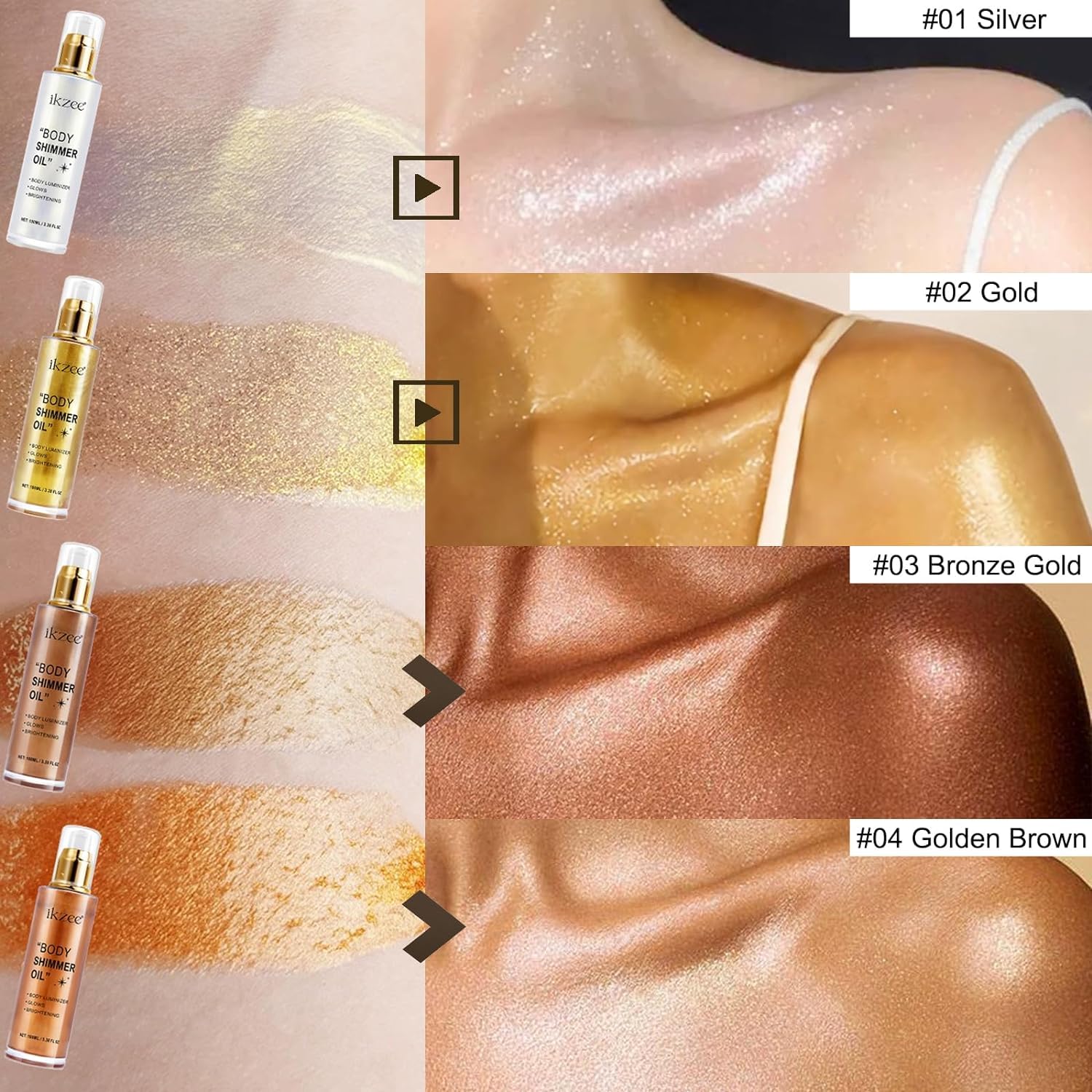 UCANBEMAKEUP Shimmer Oil 100ml, Moisturizing Long Lasting Body Luminizer Face Brighten, Waterproof Liquid Illuminator Glow, Glitter Oil Highlighter Summer Glowing Makeup (#03 Bronze Gold)