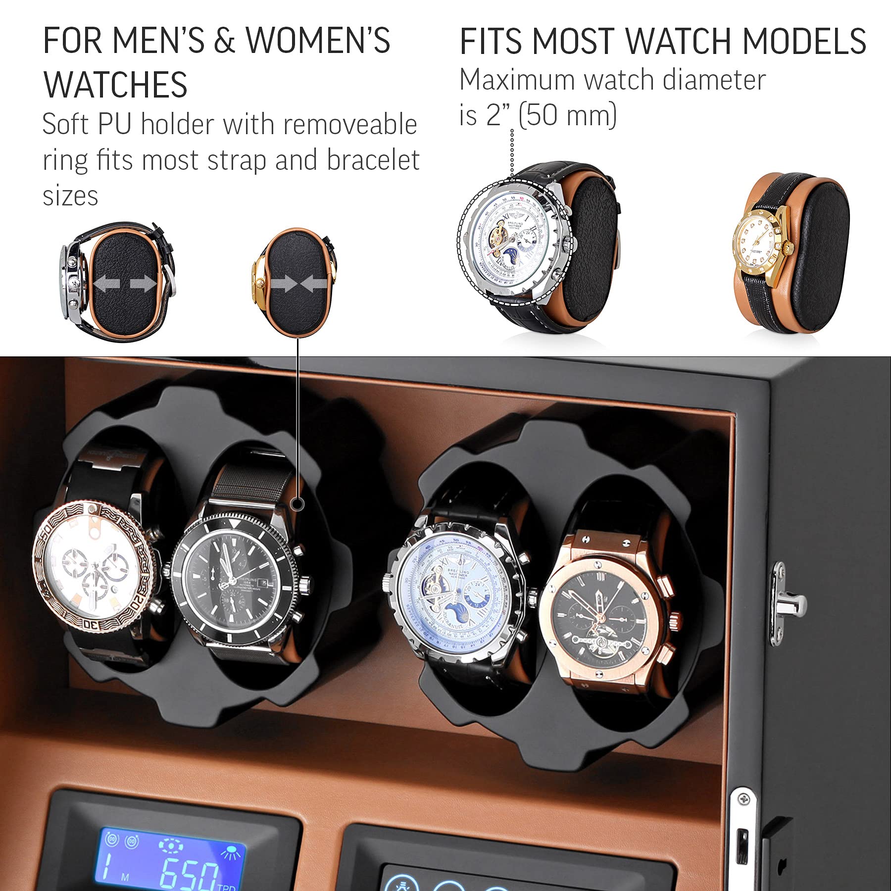 Leader WATCH WINDERS 4 Watch Winder with 5 Watch Storage Space, LCD Display, Touch Control and Interior Light