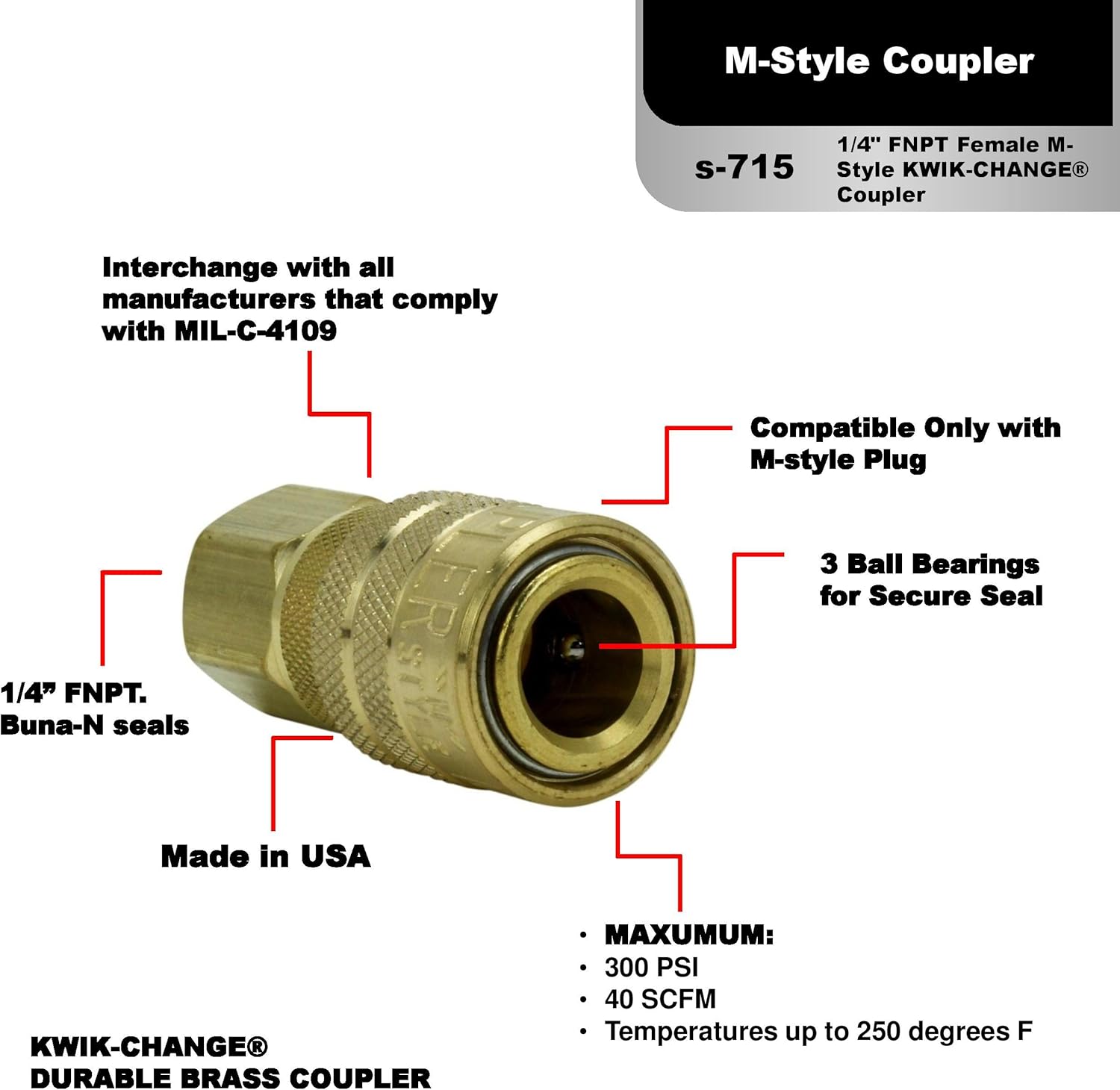 Milton (S-715) 1/4" FNPT Female M-Style KWIK-CHANGE Coupler - Air Tool Fittings - 