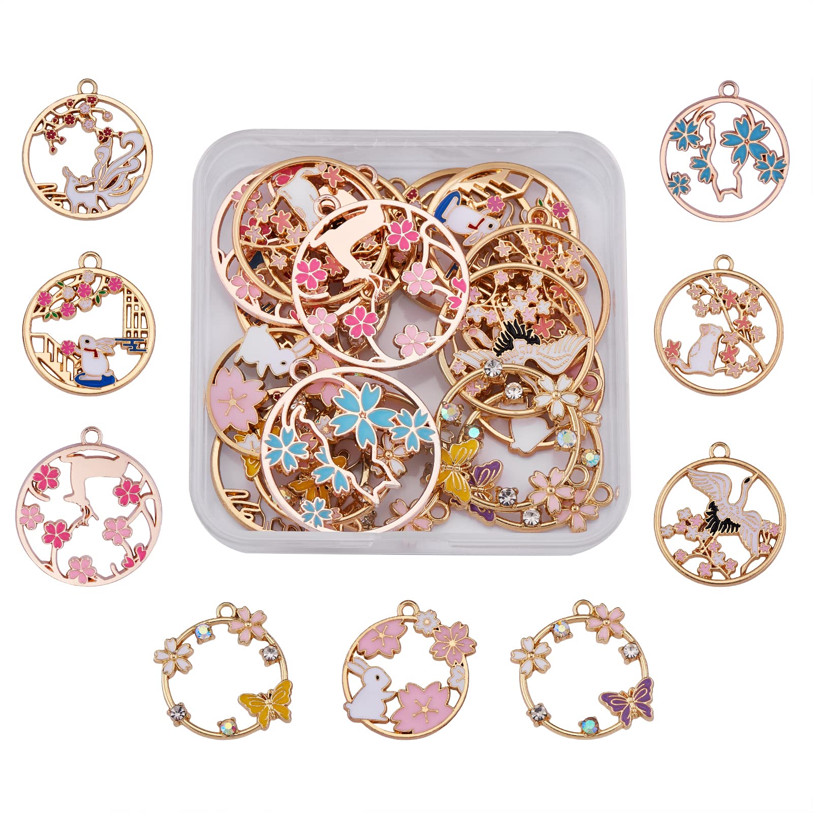 COGCHARGER 27 Pieces Ring with Flower Alloy Pendants Enamel Flower Rabbit Charm Colorful Animal Pendant for Jewelry Necklace Earring Making Crafts