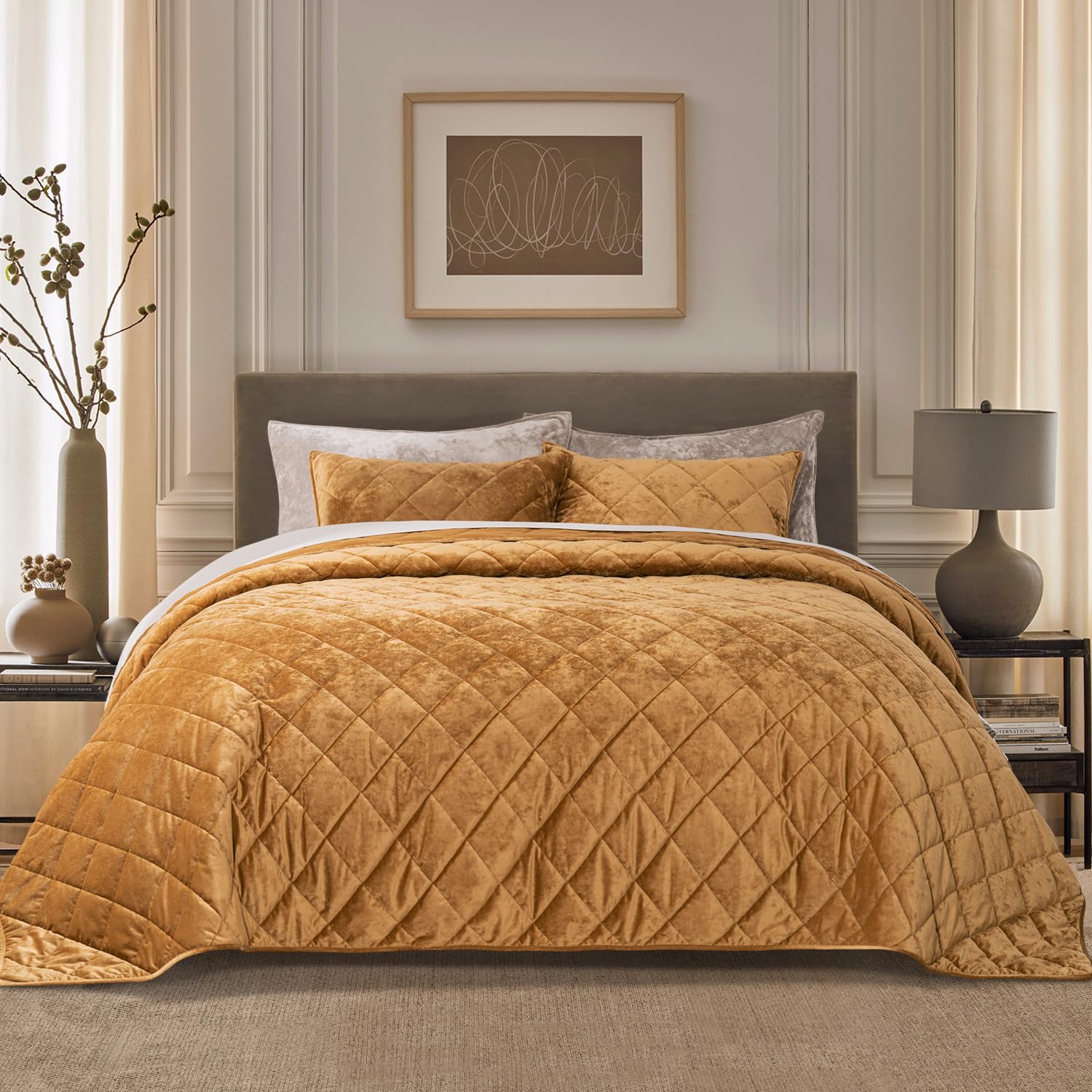 EVERGRACE Luxury Crushed Velvet Quilt Set King Size, Diamond Quilted ...