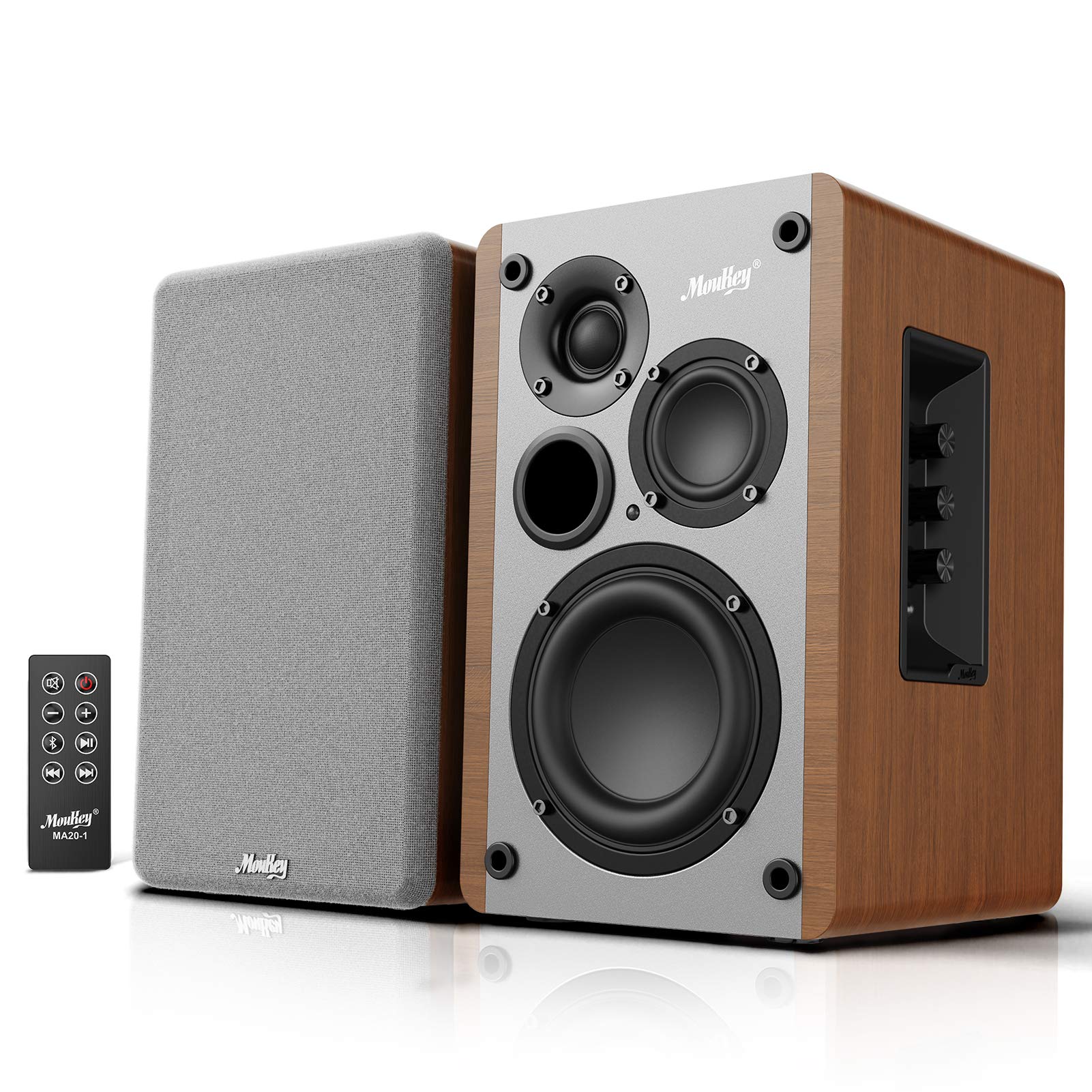 Moukey 4+2+1" 3-Way Powered Bluetooth 5.0 Bookshelf Speakers, 2.0 Stereo Active Near Field Studio Monitors, Wooden Enclosure, 50W RMS MA20-1