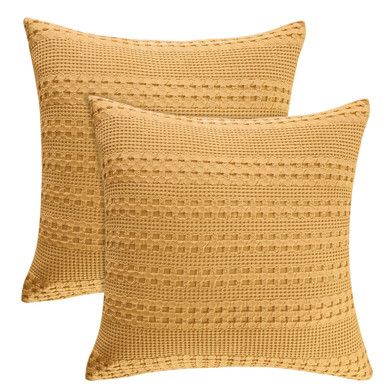 PHF 100% Cotton Waffle Weave Euro Sham Covers, 2 Pack 26" x 26" Bed Pillow Covers for Elegant Home Decor, No Filling, Luxury Aesthetic Soft Euro Pillow Cases for Bed, Honey Yellow Image PHF 100% Cotton Waffle Weave Euro Sham Covers, 2 Pack 26" x 26" Bed Pillow Covers for Elegant Home Decor, No Filling, Luxury Aesthetic Soft Euro Pillow Cases for Bed, Honey Yellow Image