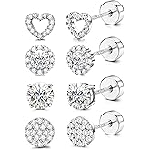 YADOCA 4 Pairs Flat Back Stud Earrings for Women Hypoallergenic 925 Sterling Silver Post Cubic Zirconia Earrings Set Halo Round Heart Square Diamond Silver Gold Studs