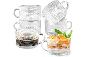 6 Pcs Vintage Glass Coffee Mugs, 15 oz Clear Embossed Glass Tea Mug, Stackable Glass Coffee Cups with Handle for Cappuccino L
