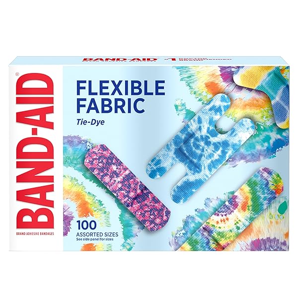 BAND-AID BRAND FLEXIBLE FABRIC ADHESIVE BANDAGES, COMFORTABLE STERILE PROTECTION & WOUND CARE FOR MINOR CUTS, SCRAPES & BURNS, FIRST AID KIT ESSENTIAL, FUN TIE-DYE DESIGNS, ASSORTED SIZES, 100 COUNT