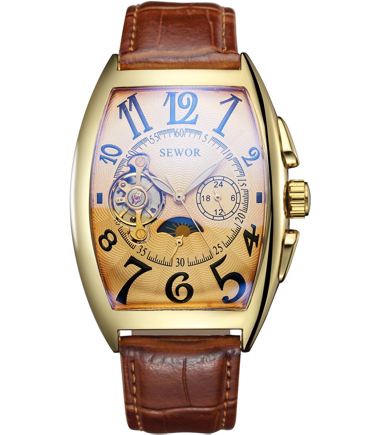 SEWOR Tourbillon Mens Moon Phase Automatic Mechanical Wrist Watch Leather Band Glass Coating Blue (XXL) (Gold)