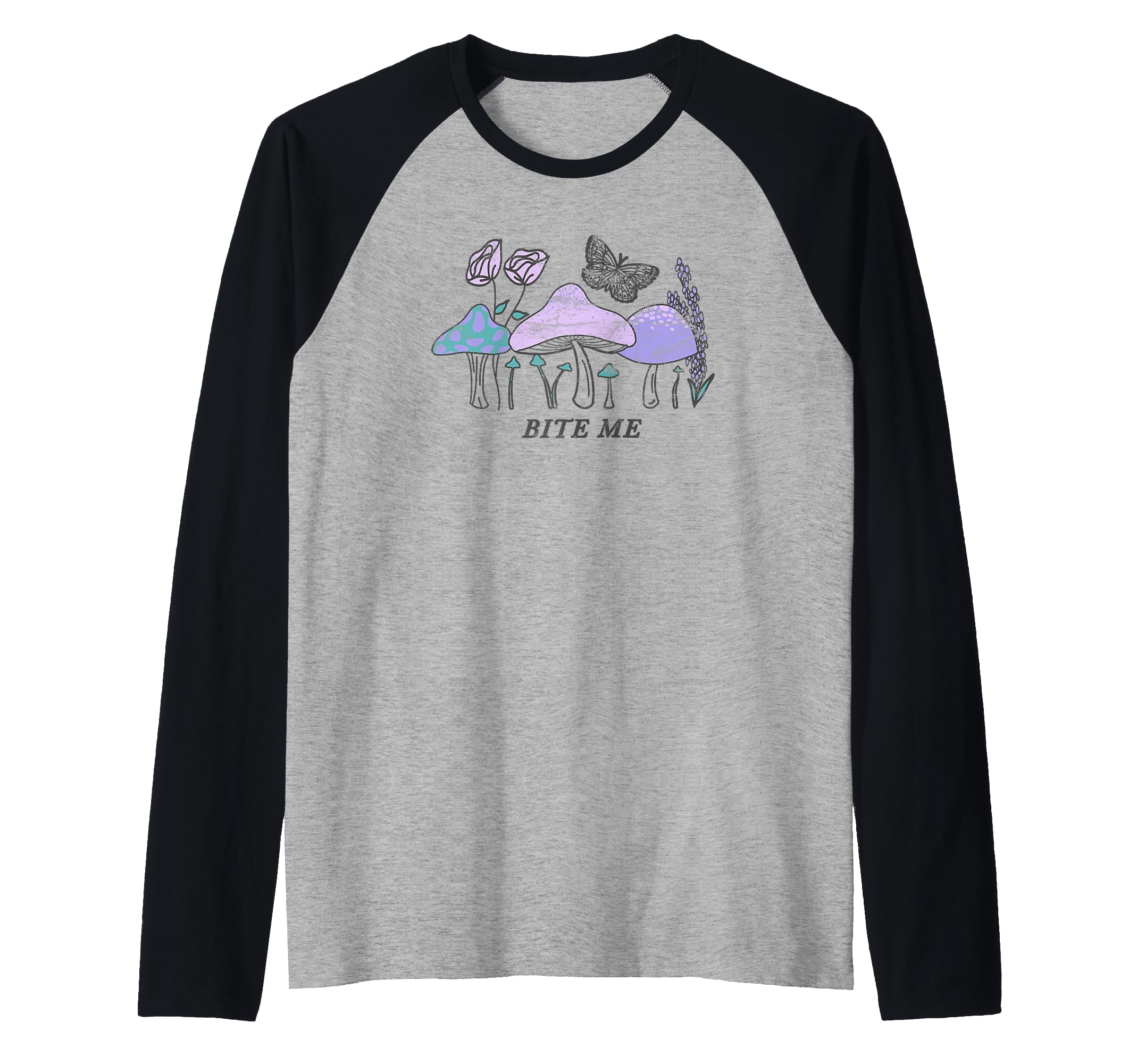 Bite Me Mushrooms and Butterfly Raglan Baseball Tee