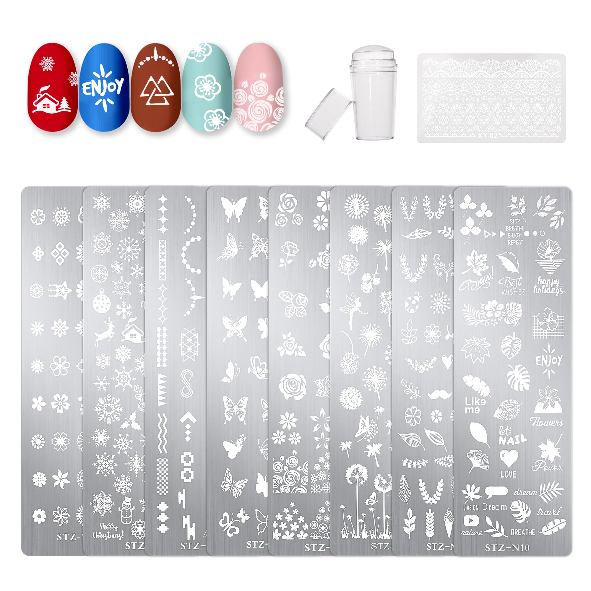 Johotone Nail Art Stamping Templates 8pcs Nail Stamping Templates with Nail Stamper and Scraper for DIY Nail Art Decoration Nail Salon Design