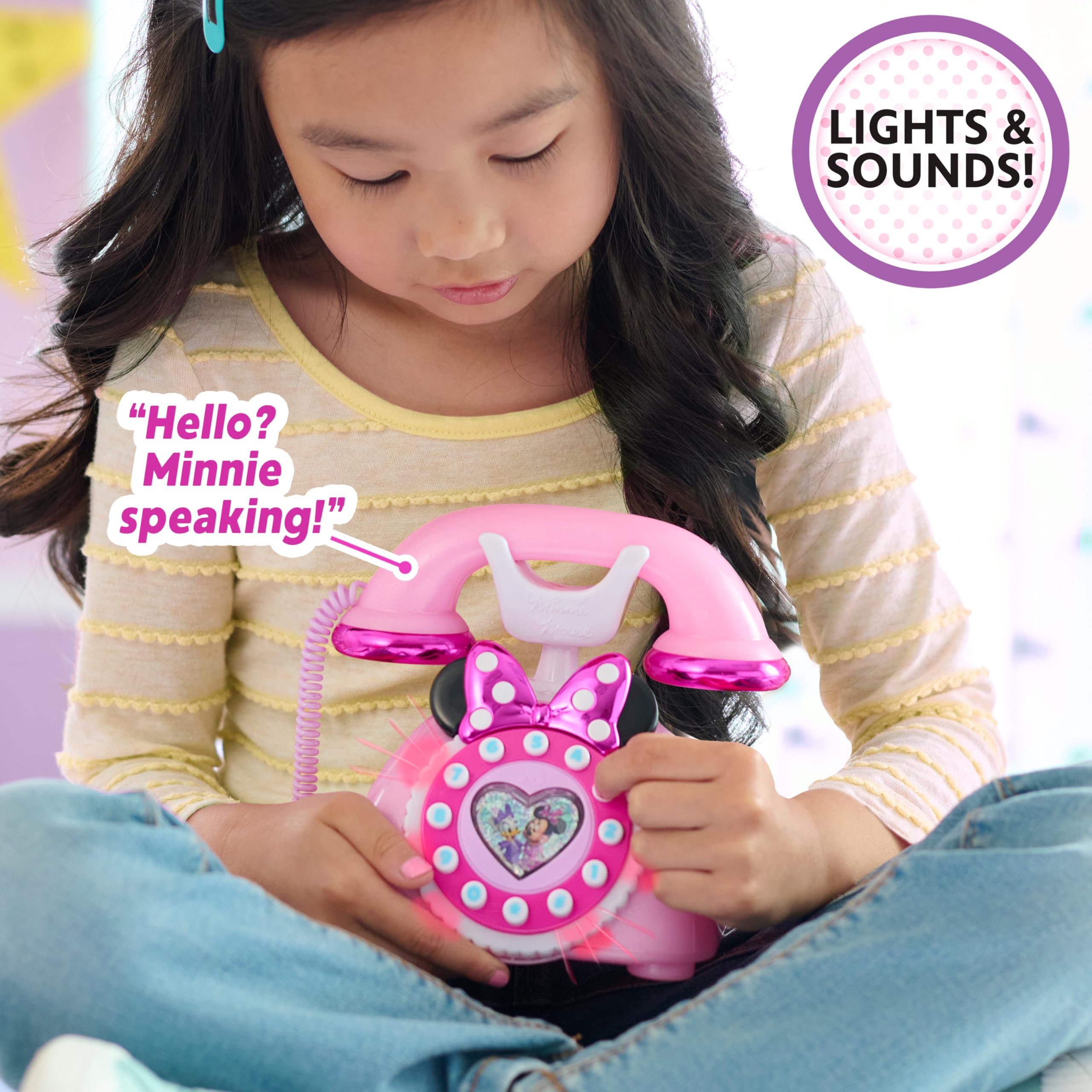 Disney Junior Minnie Mouse Ring Me Rotary Style Phone with Lights and Sounds, Pink, Kids Toys for Ages 3 Up by Just Play