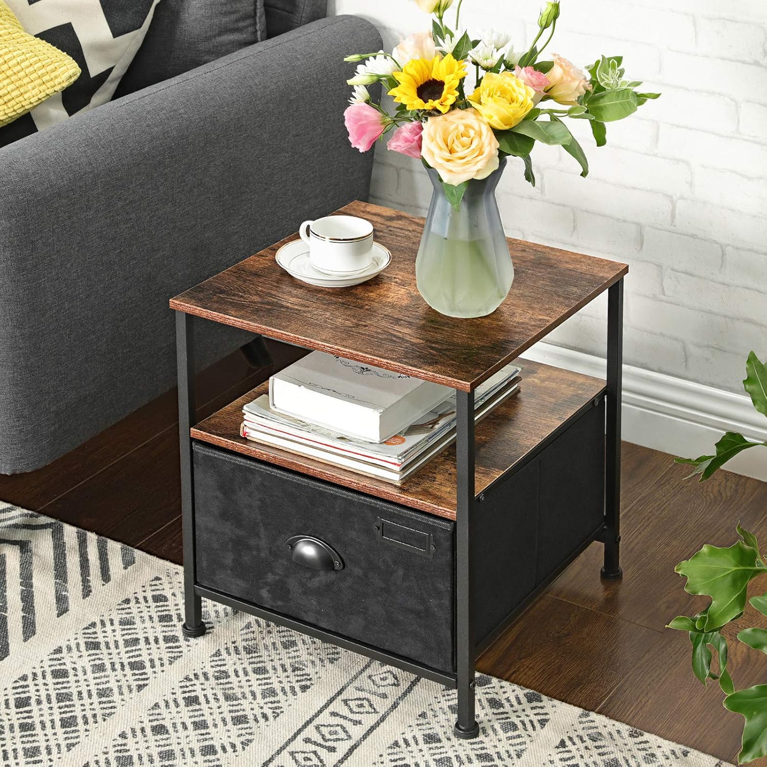 SONGMICS Nightstand, 3-Tier Bedside Table with Drawer, 2 Shelves, Fabric Drawer Dresser, Industrial End Table, for, Hallway, Closet, Rustic Brown and Black ULVT02H: Kitchen & Dining