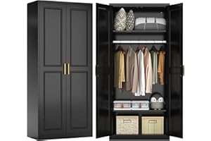 Kubohogar 71" Metal Armoire Wardrobe Closet with 2 Doors, Tall Wardrobe Cabinet with Hanging Rod and Adjustable Shelves, Black Clothing Storage Cabinets for Bedroom, Laundry Room, Home Office