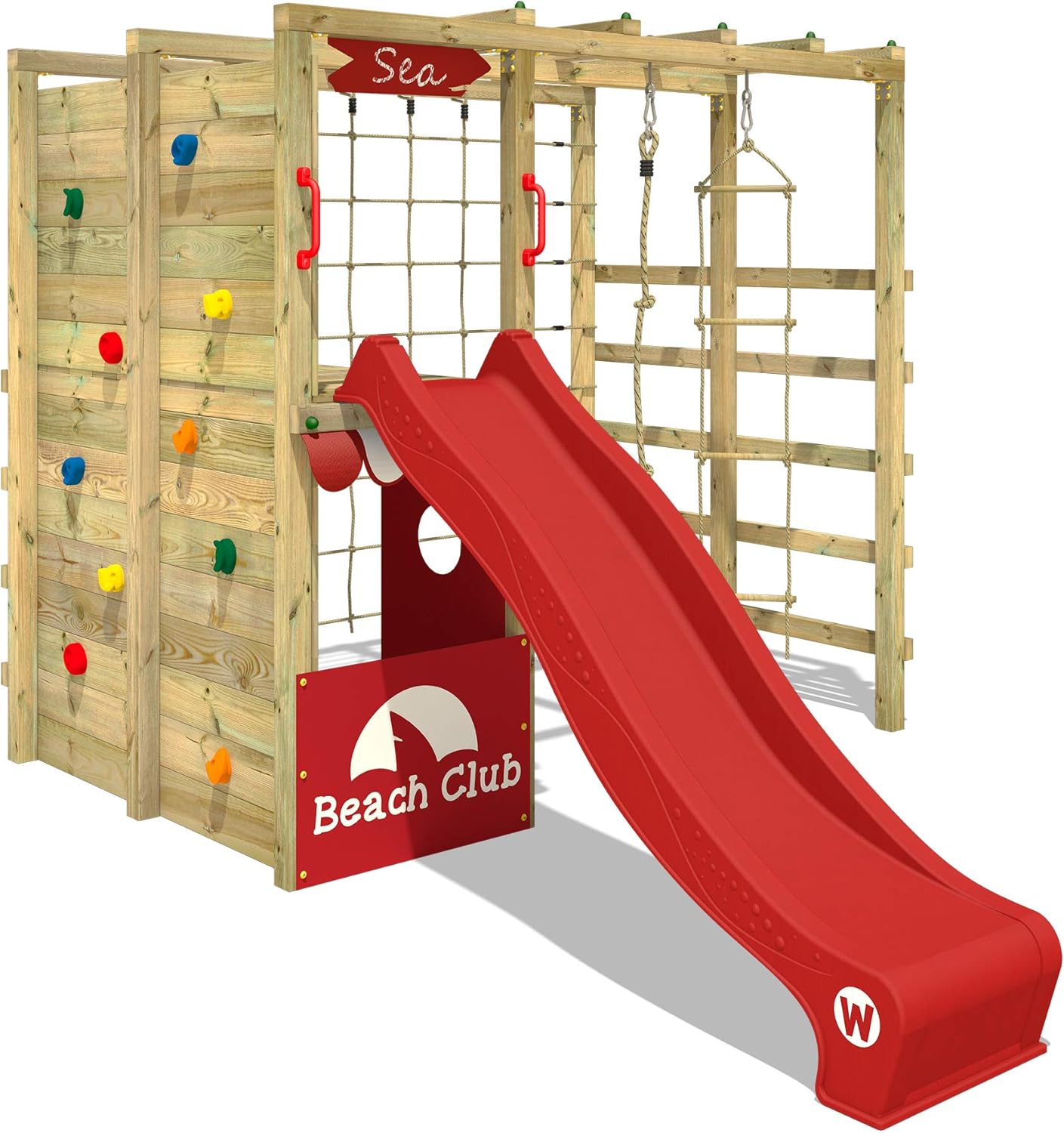 wooden climbing frame with monkey bars