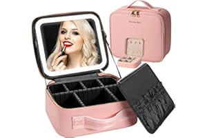 Seoneiro Makeup Travel Bag with LED Lighted Mirror Adjustable Brightness Portable Waterproof Makeup Case with Adjustable Dividers, Make up Train Case Organizer Makeup Brush Accessories and Tool Case