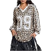 BEAUDRM Women's Jersey Shirts Number Print Leopard Sweatshirt Cheetah Collar Oversized Long Sleeve Pullover Tops