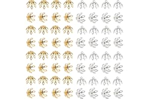 ASUNFO 100 Pcs Hollow Flower Bead Caps Bell End Caps Pendant Bails Connector Charms 7 Prong with Loop for Jewelry Making Findings Necklace Bracelets Ornament Gold & Silver