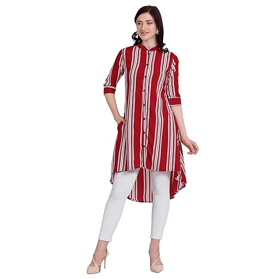 Women's Crepe Stripe Printed Kurti(Red Color Up-Down Tunic with Side Pocket & Half Cuffed Sleeves)