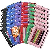 ASBEFORE 36Pcs Pencil Pouch for 3 Ring Binder - Pen Case 3 Hole Pencil Pouch Zipper Bag Holder Bulk Accessories Clear Window Aesthetic Organizer Pockets