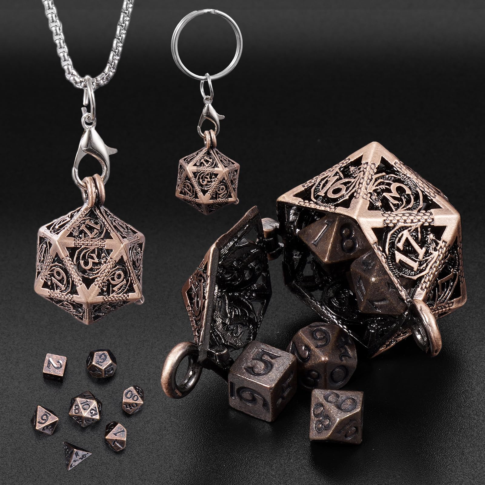 ORUZA 7 PCS Mini Metal DND Dice Set with Black Hollow Necklace Dice Case Tiny Polyhedral Metal Dice Keychain for Dungeons and Dragons RPG MTG Cards Table Games