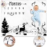 KEMINA BLANKETS Baby Boy Milestone Blanket – 50x40, Soft Fleece, Woodlands Deer & Mountain Theme, Black & White Rustic Design, Includes Felt Frame, Monthly Growth Photos, Newborn Gift & Baby Shower