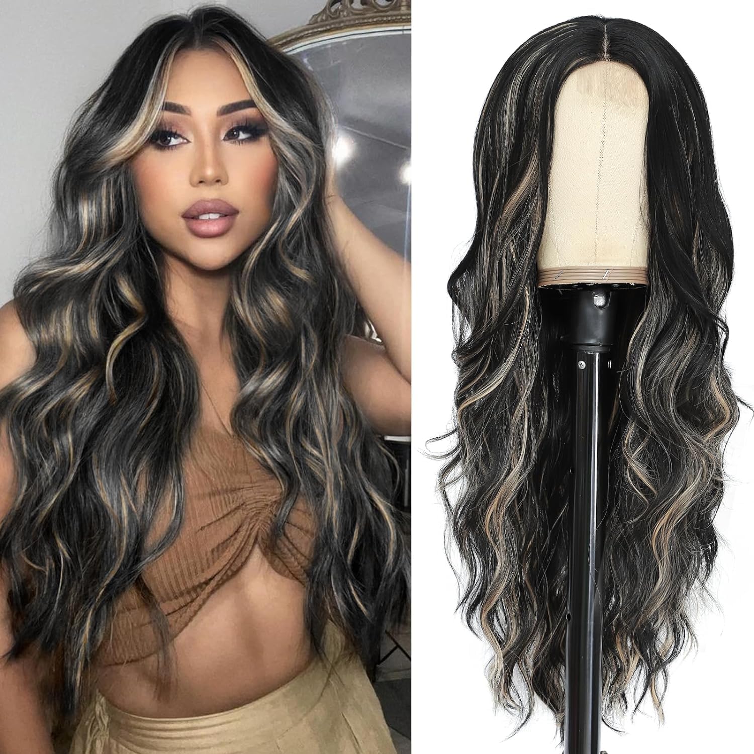 PORSMEER Long Wavy Wig - 26 Inch Middle Part Curly Wavy Synthetic Heat Resistant Fiber Wig for Daily Party Use (Black with Highlights) โ image 1